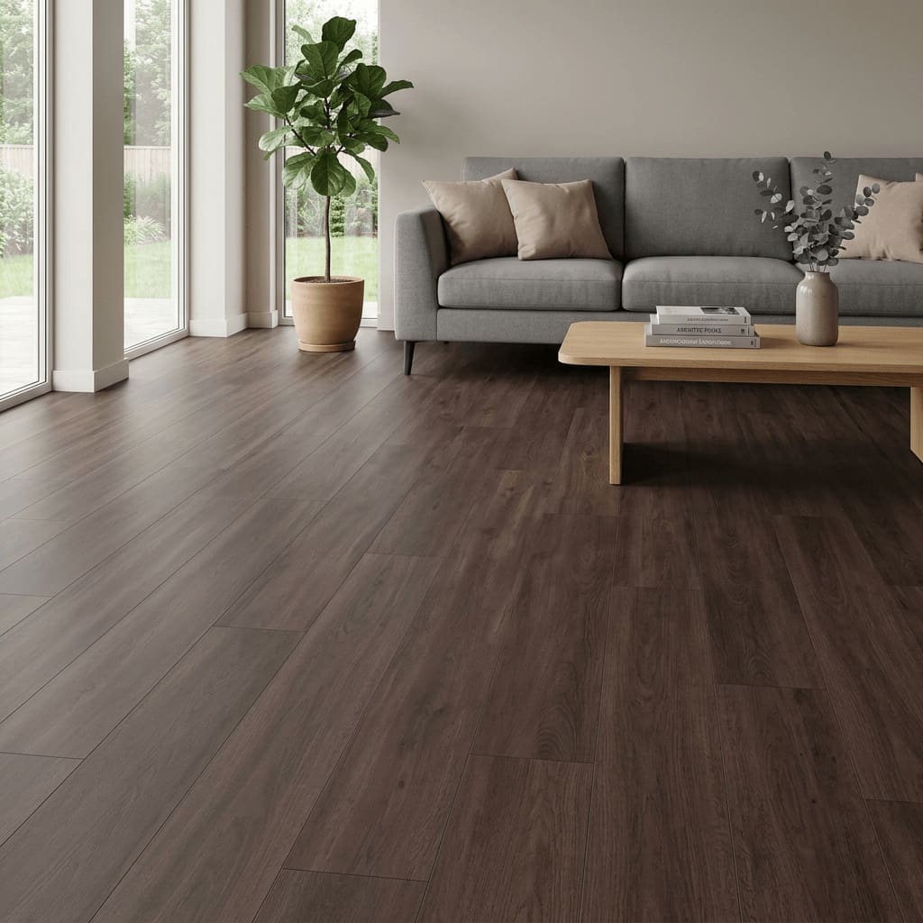 Brampton Chase Studio Designs Large Plank Dark Umber luxury vinyl flooring room interior - photorealistic room shot