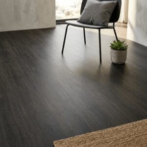 Brampton Chase Studio Designs Large Plank Ebony Oak luxury vinyl flooring detailed view - photorealistic room shot