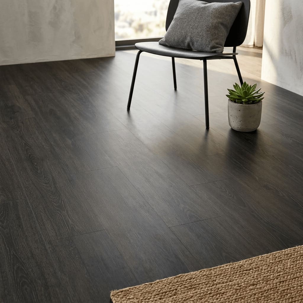 Brampton Chase Studio Designs Large Plank Ebony Oak luxury vinyl flooring detailed view - photorealistic room shot