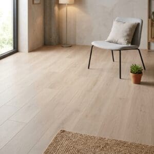 Brampton Chase Studio Designs Large Plank Ivory White luxury vinyl flooring detailed view - photorealistic room shot