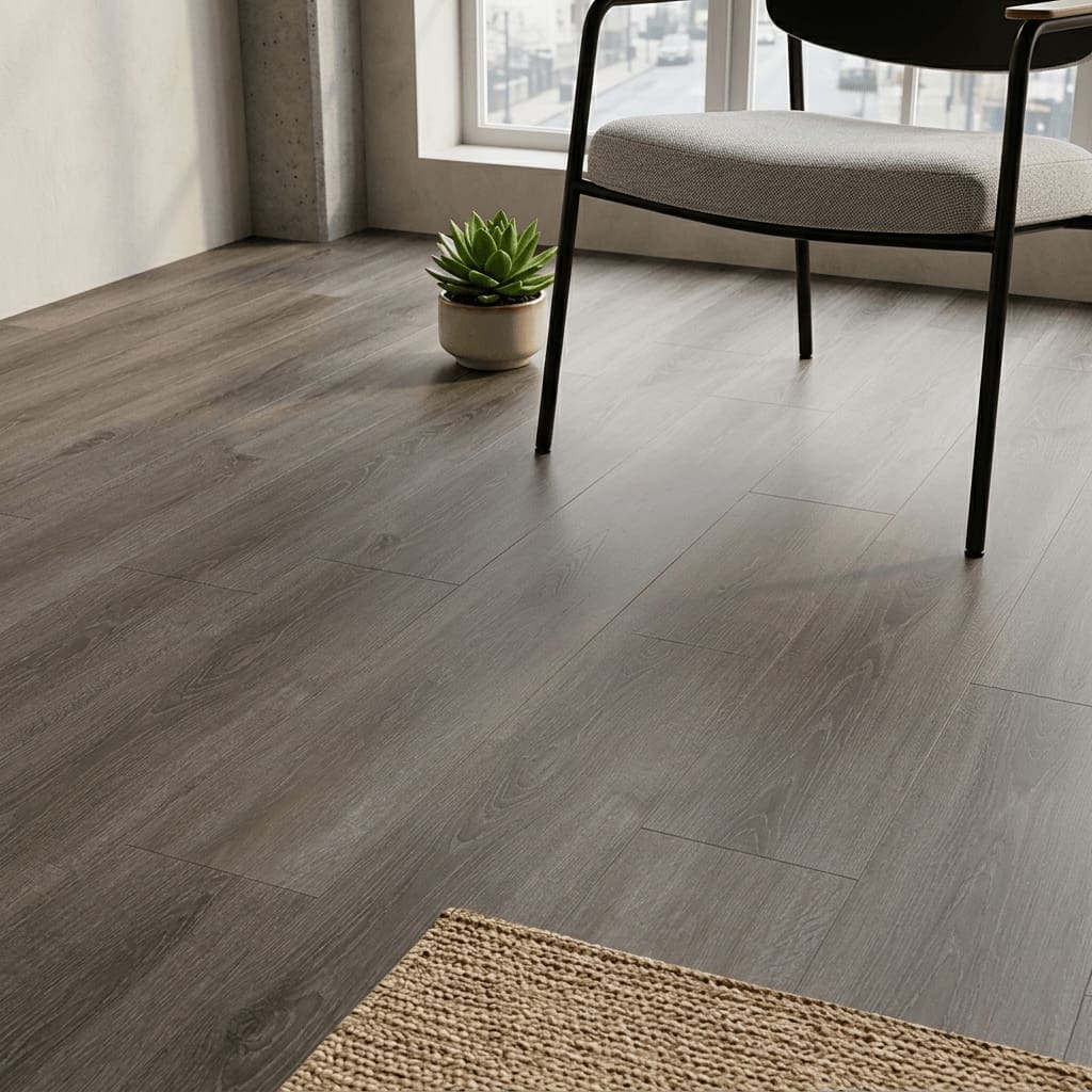 Brampton Chase Studio Designs Large Plank Urban Dusk luxury vinyl flooring detailed view - photorealistic room shot