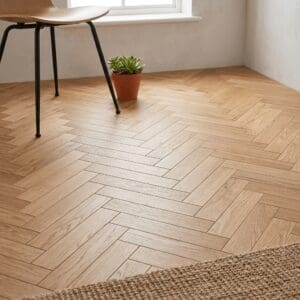 Broxton Oak Herringbone engineered oak flooring detailed view - photorealistic room shot