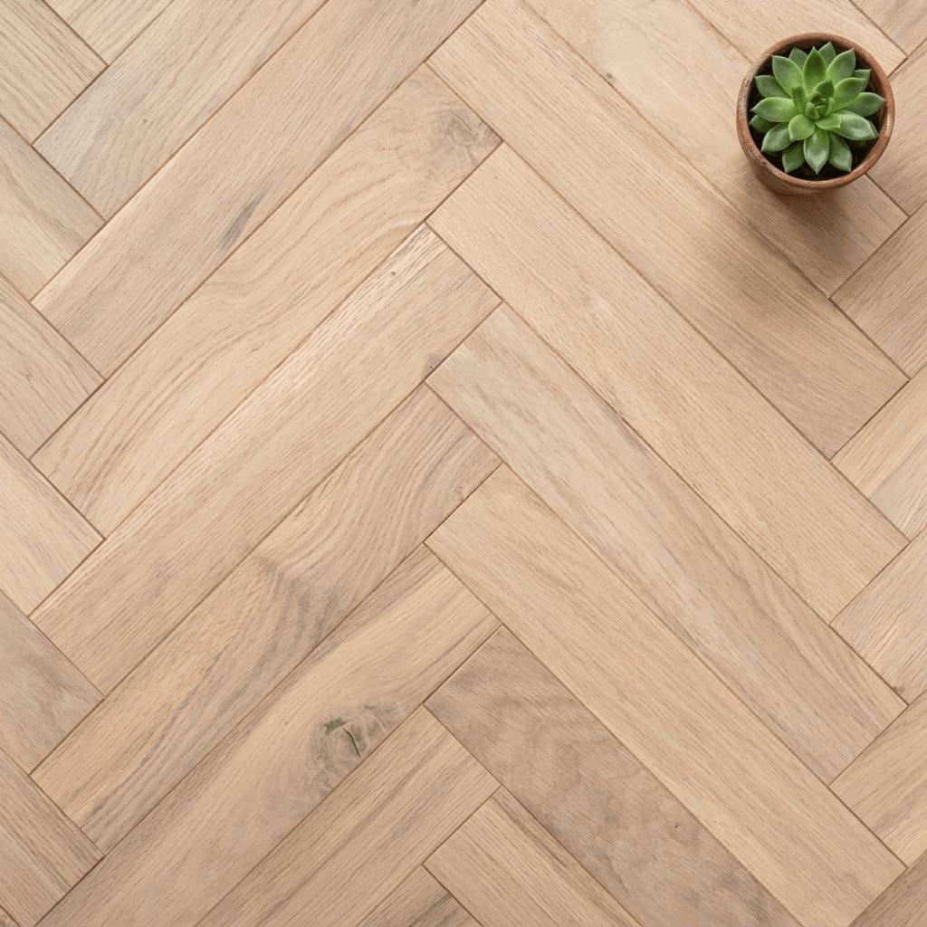 Bulkeley Oak Herringbone engineered oak flooring close-up texture - photorealistic room shot