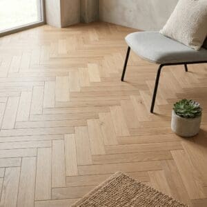 Bulkeley Oak Herringbone engineered oak flooring detailed view - photorealistic room shot