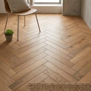 Bunbury Oak Herringbone engineered oak flooring detailed view - photorealistic room shot