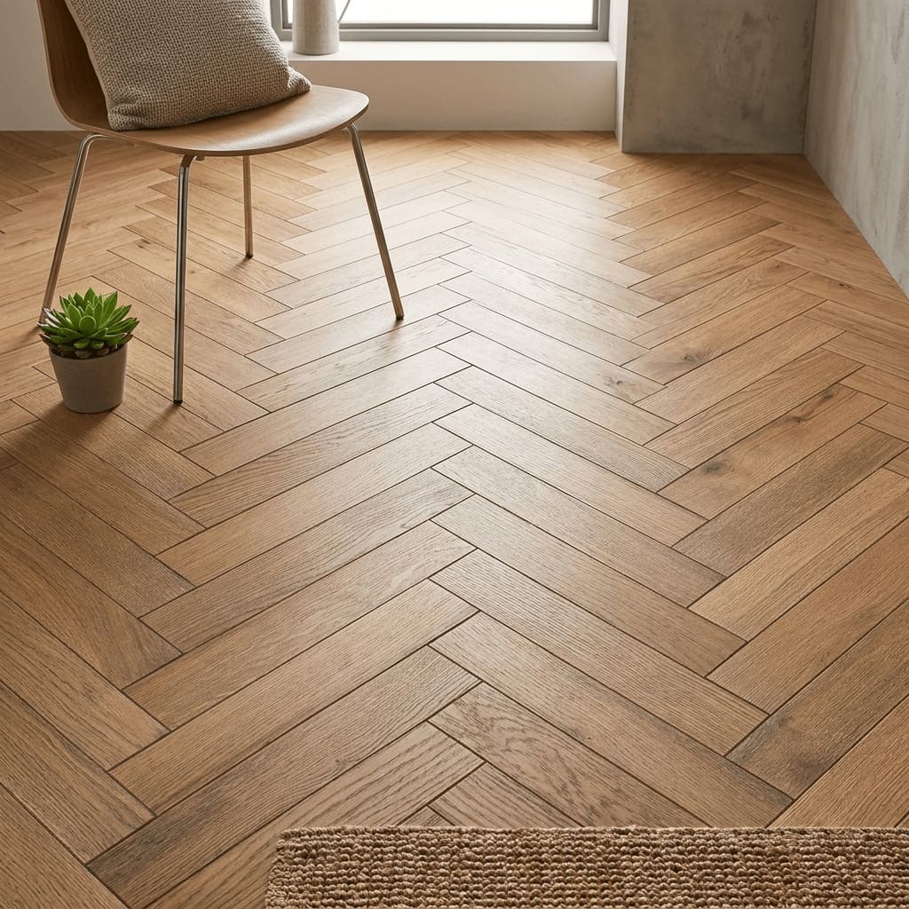 Bunbury Oak Herringbone engineered oak flooring detailed view - photorealistic room shot
