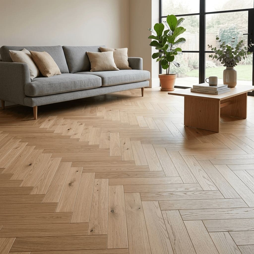 Bunbury Oak Herringbone engineered oak flooring room interior - photorealistic room shot