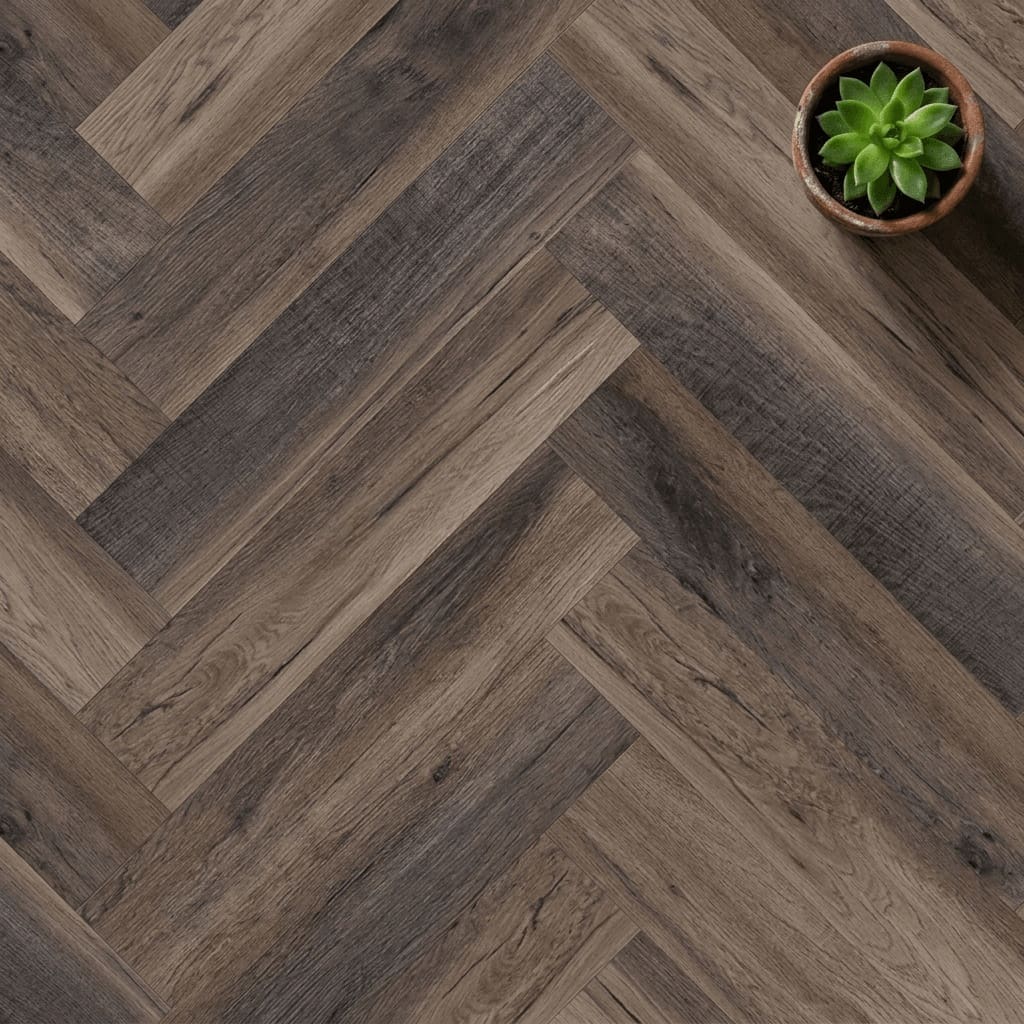 Burford Oak Herringbone luxury vinyl flooring close-up texture - photorealistic room shot