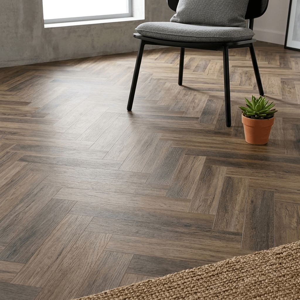 Burford Oak Herringbone luxury vinyl flooring detailed view - photorealistic room shot