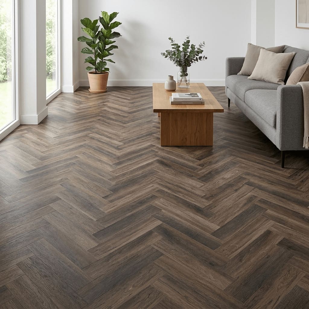 Burford Oak Herringbone luxury vinyl flooring room interior - photorealistic room shot