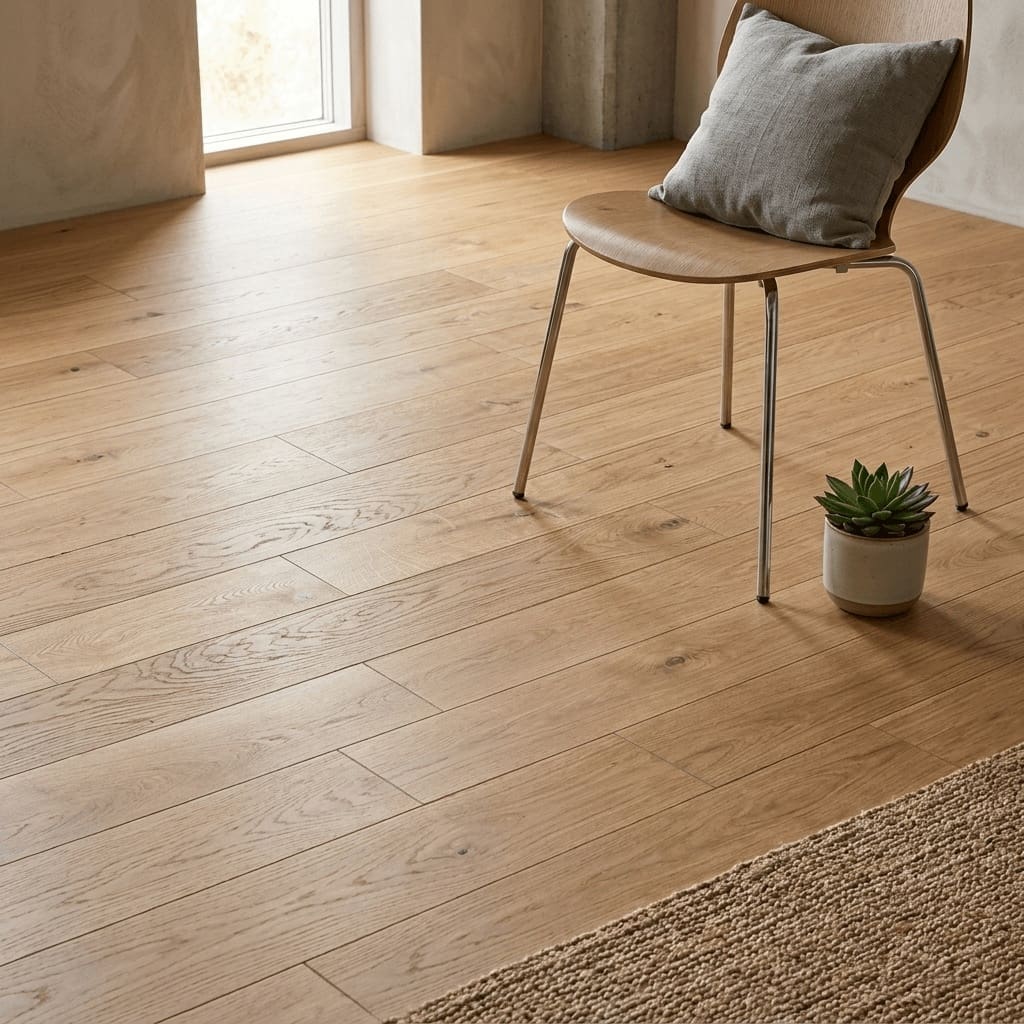 Burland Oak engineered oak flooring detailed view - photorealistic room shot