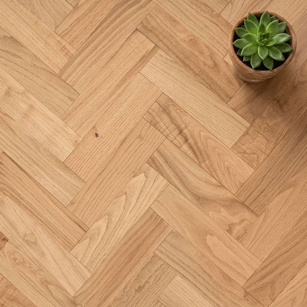 Burwardsley Oak Herringbone engineered oak flooring close-up texture - photorealistic room shot