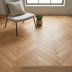 Burwardsley Oak Herringbone engineered oak flooring detailed view - photorealistic room shot