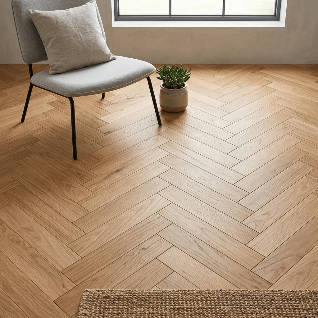 Burwardsley Oak Herringbone engineered oak flooring detailed view - photorealistic room shot