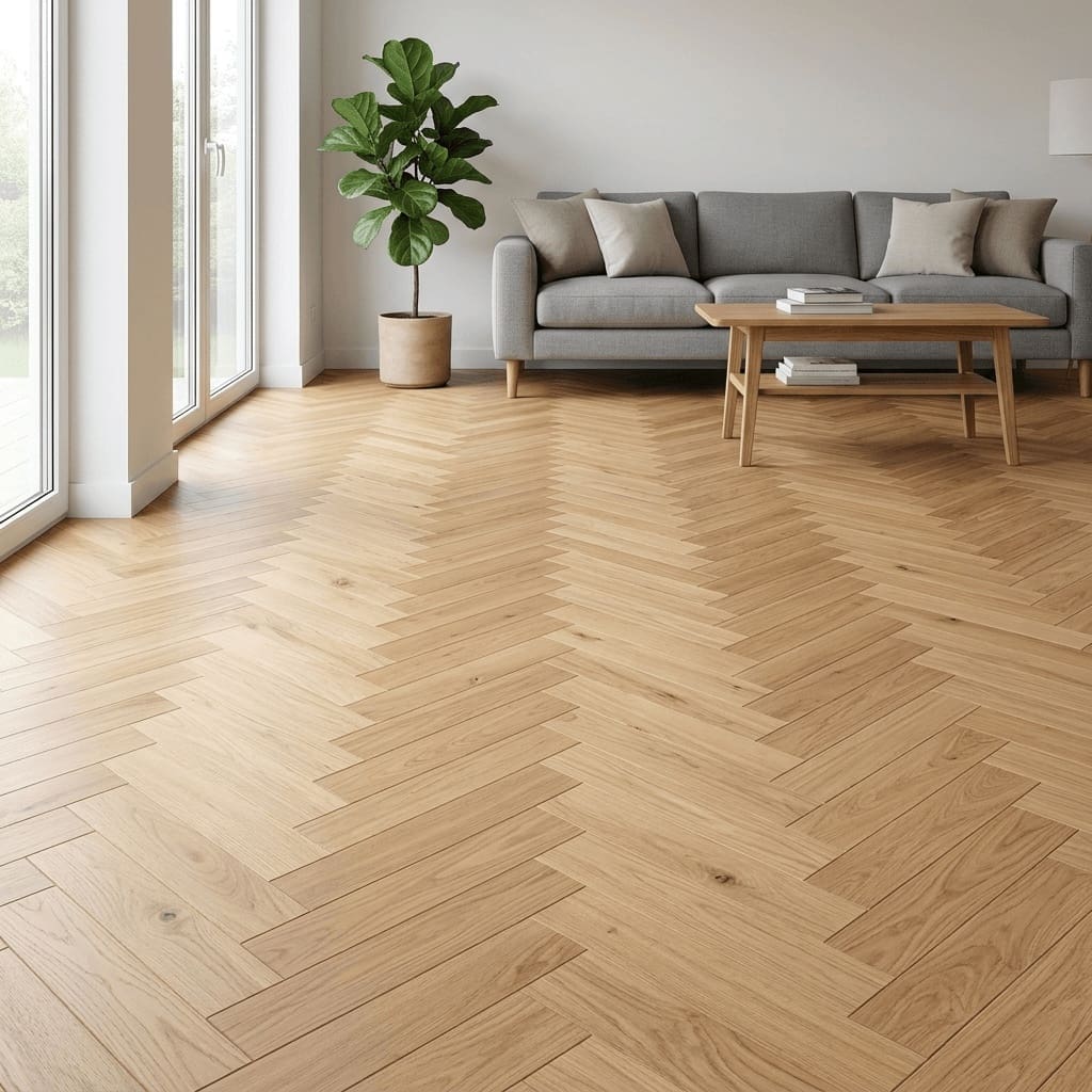 Burwardsley Oak Herringbone engineered oak flooring room interior - photorealistic room shot