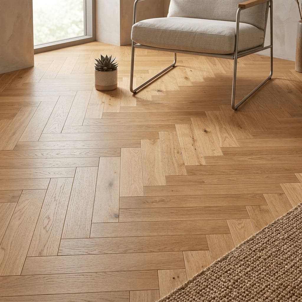Calveley Oak Herringbone engineered oak flooring detailed view - photorealistic room shot