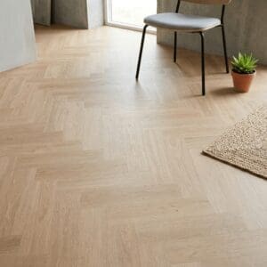 Campden Oak Herringbone luxury vinyl flooring detailed view - photorealistic room shot