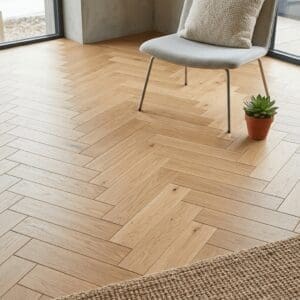 Chelford Oak Herringbone engineered oak flooring detailed view - photorealistic room shot