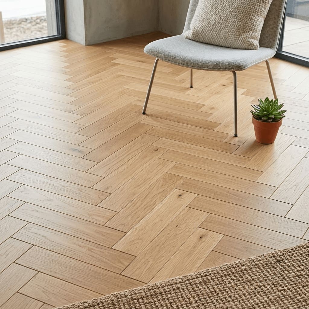 Chelford Oak Herringbone engineered oak flooring detailed view - photorealistic room shot