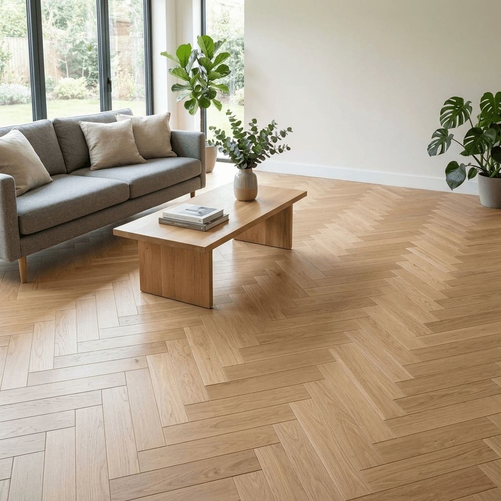 Chelford Oak Herringbone engineered oak flooring room interior - photorealistic room shot