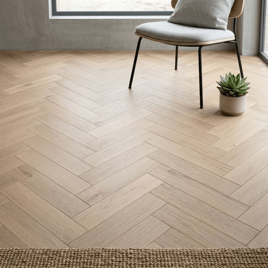 Cuddington Oak Herringbone engineered oak flooring detailed view - photorealistic room shot
