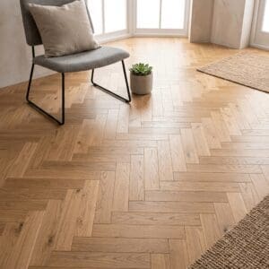Curzon Park Oak Herringbone engineered oak flooring detailed view - photorealistic room shot