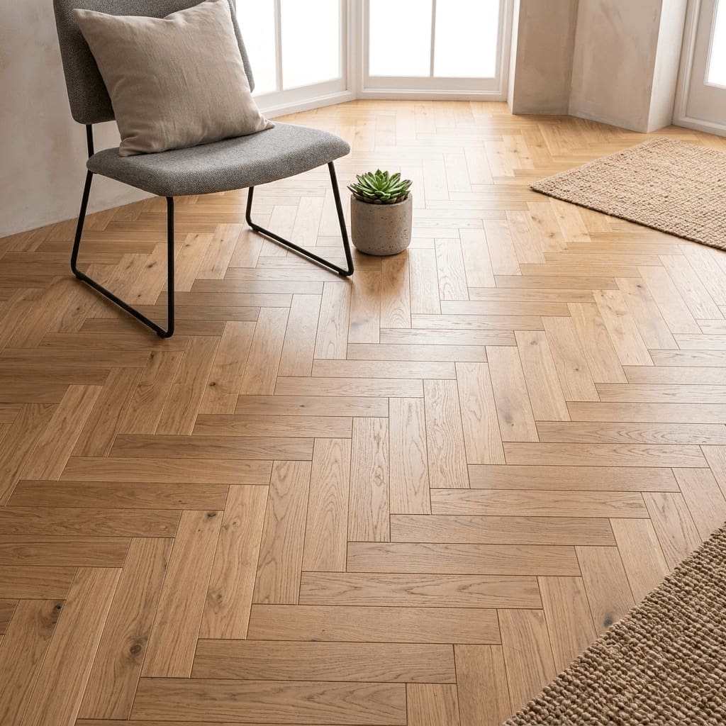 Curzon Park Oak Herringbone engineered oak flooring detailed view - photorealistic room shot