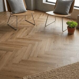 Daylesford Oak Herringbone luxury vinyl flooring detailed view - photorealistic room shot