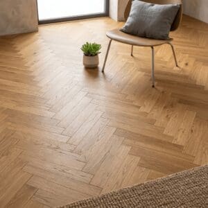 Delamere Oak Herringbone engineered oak flooring detailed view - photorealistic room shot