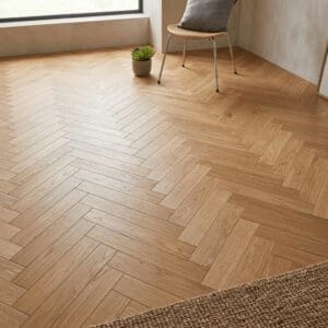 Dodleston Oak Herringbone engineered oak flooring detailed view - photorealistic room shot
