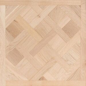 Dorfold Hall Oak Versailles engineered wood flooring panel showing intricate geometric pattern and natural oak grain.