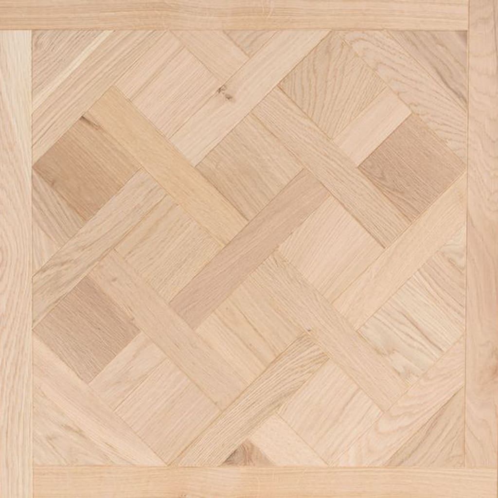 Dorfold Hall Oak Versailles engineered wood flooring panel showing intricate geometric pattern and natural oak grain.