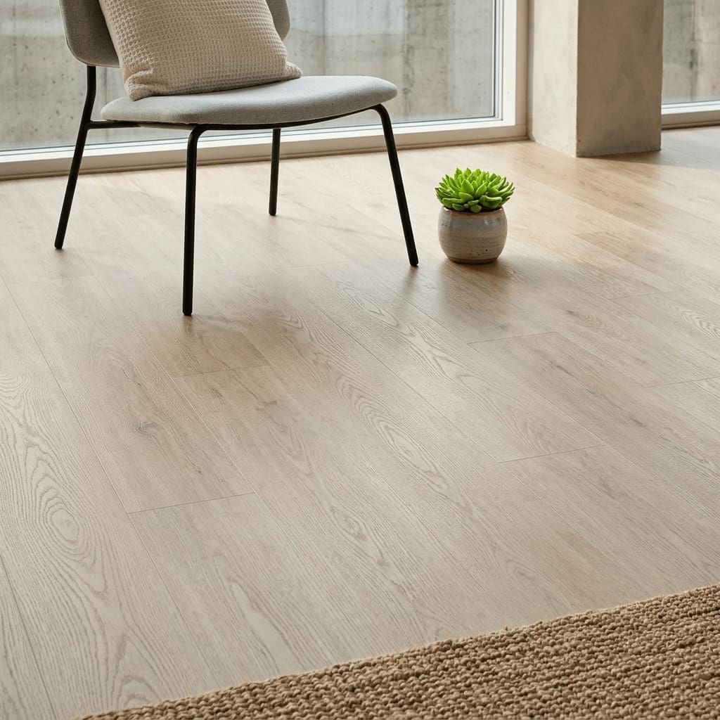 Dormy Oak luxury vinyl flooring detailed view - photorealistic room shot