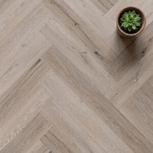 Dormy Oak Herringbone luxury vinyl flooring close-up texture - photorealistic room shot