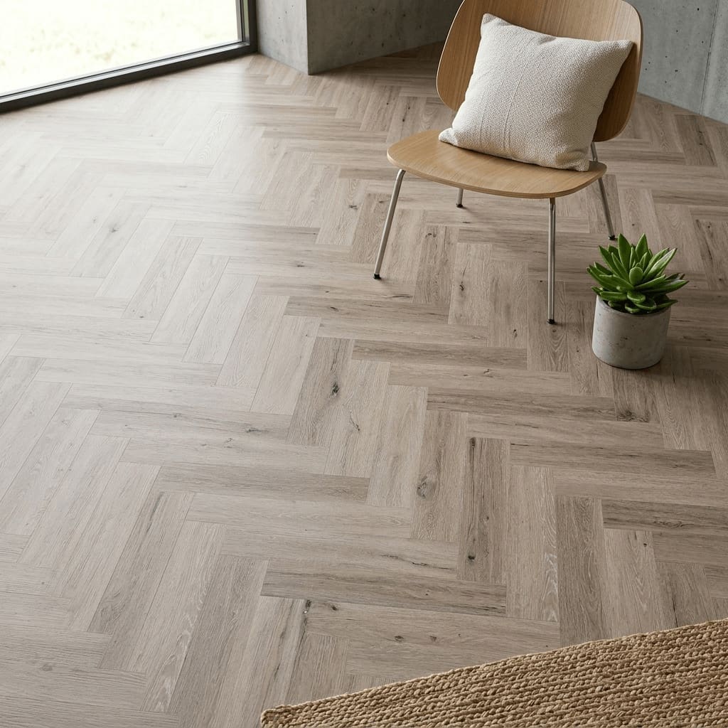 Dormy Oak Herringbone luxury vinyl flooring detailed view - photorealistic room shot