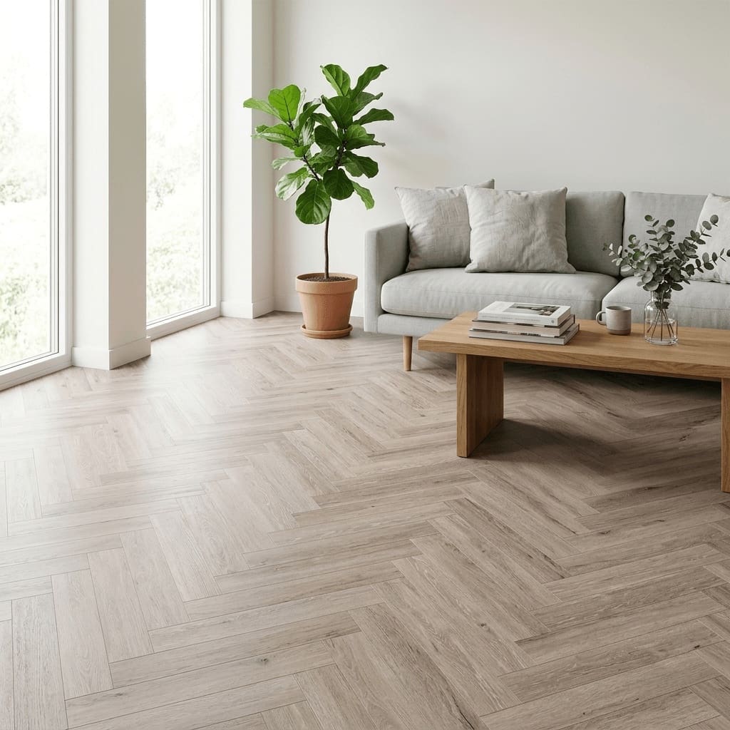 Dormy Oak Herringbone luxury vinyl flooring room interior - photorealistic room shot