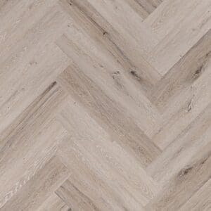 Dormy Oak Herringbone whitewashed grey oak SPC flooring sample in a parquet pattern