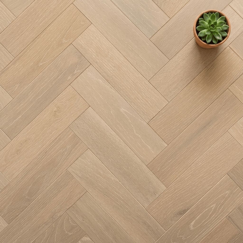 Dunham Oak Herringbone engineered oak flooring close-up texture - photorealistic room shot
