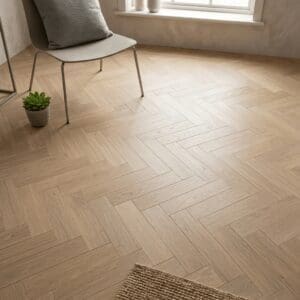 Dunham Oak Herringbone engineered oak flooring detailed view - photorealistic room shot