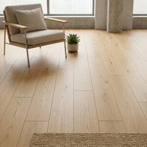 Eaton Oak engineered oak flooring detailed view - photorealistic room shot