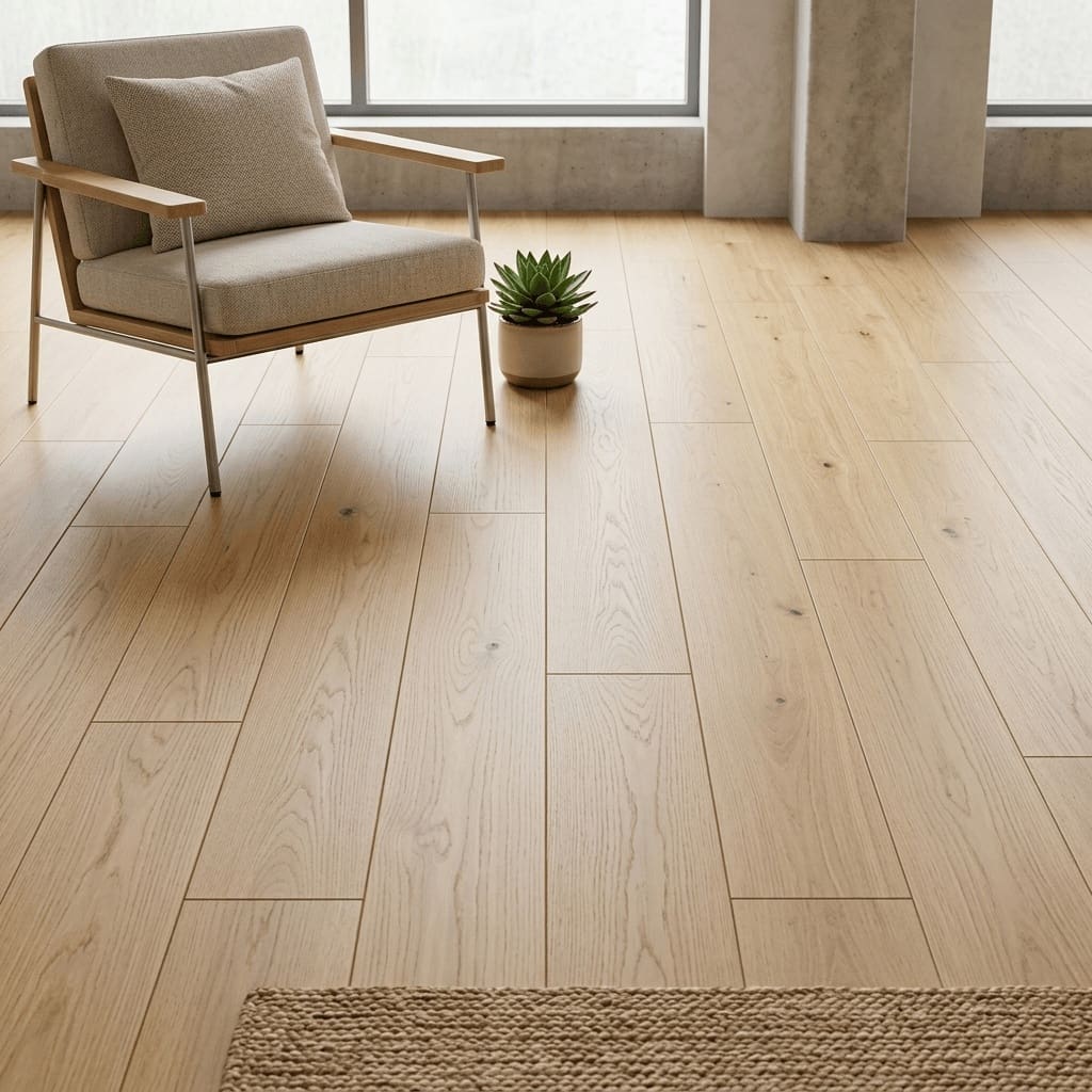 Eaton Oak engineered oak flooring detailed view - photorealistic room shot