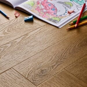 Elements Inspirations Barn Oak Herringbone EIH07 flooring with coloring book and pencils