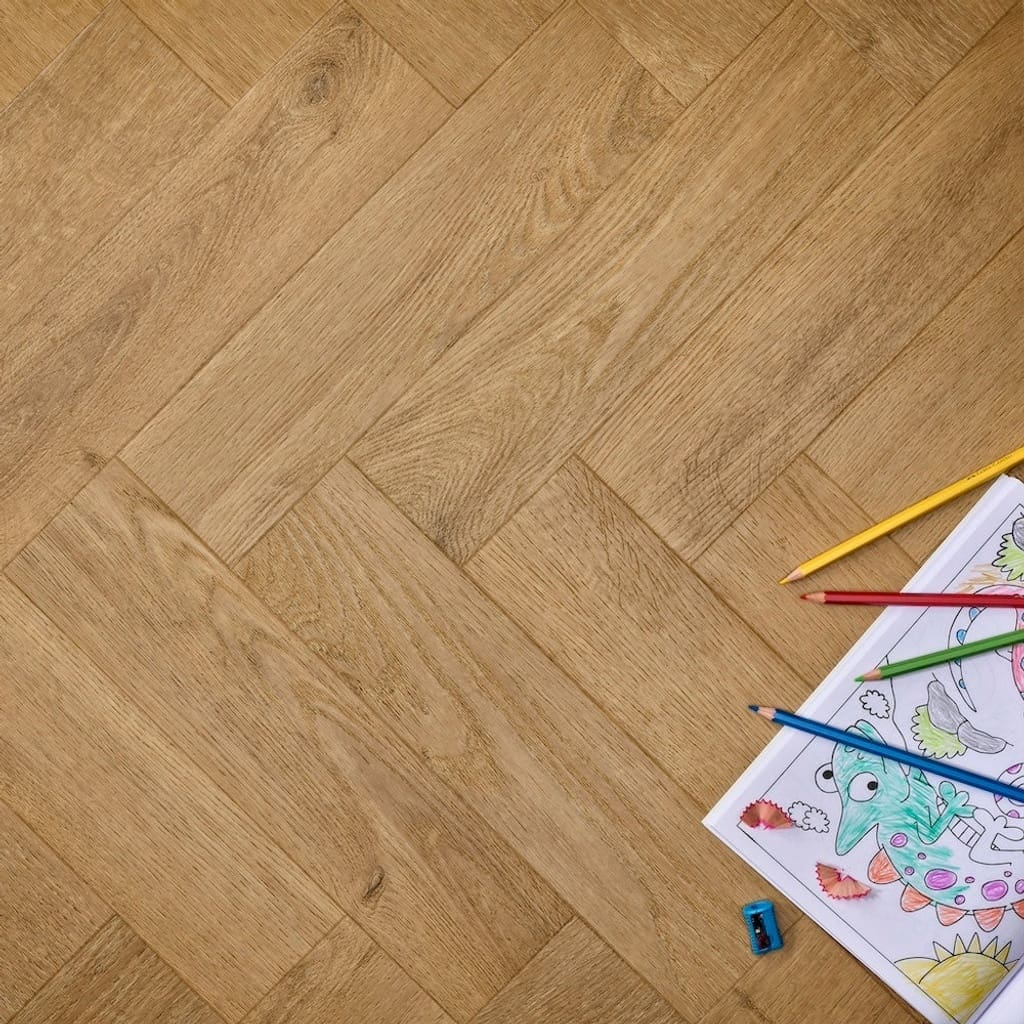 Elements Inspirations Barn Oak Herringbone EIH07 flooring with coloring book and pencils