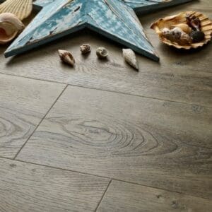 Elements Inspirations Dove Oak Plank EIP04 installed floor detail with seashells