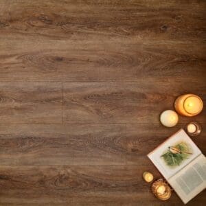 Elements Inspirations Espresso Plank EIP02 installed floor with book and candles