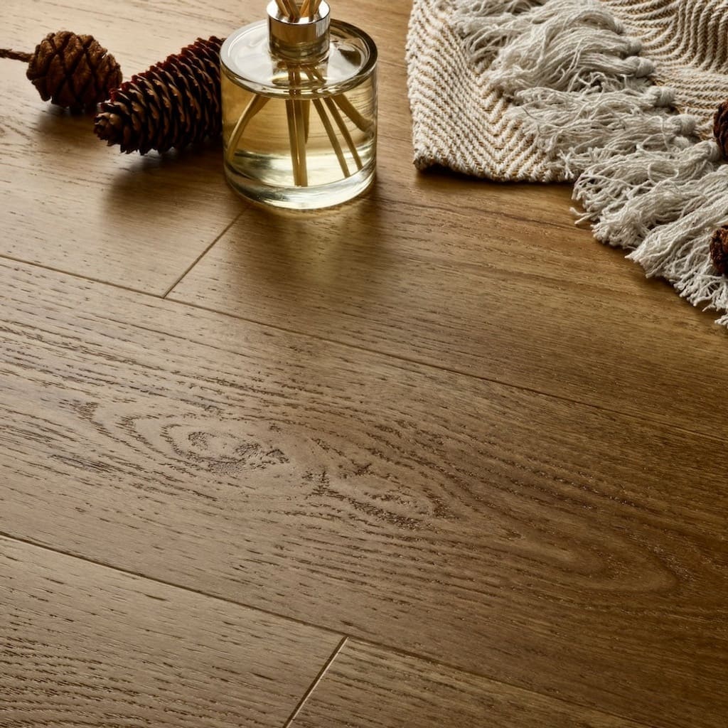 Elements Inspirations Golden Oak Plank EIP12 installed floor with diffuser and pinecones