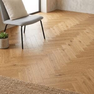 Farndon Oak Herringbone engineered oak flooring detailed view - photorealistic room shot