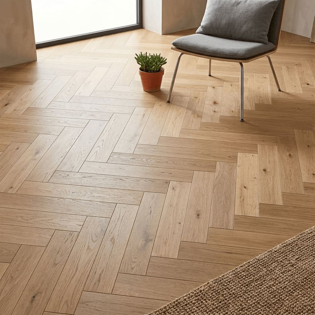 Frodsham Oak Herringbone engineered oak flooring detailed view - photorealistic room shot