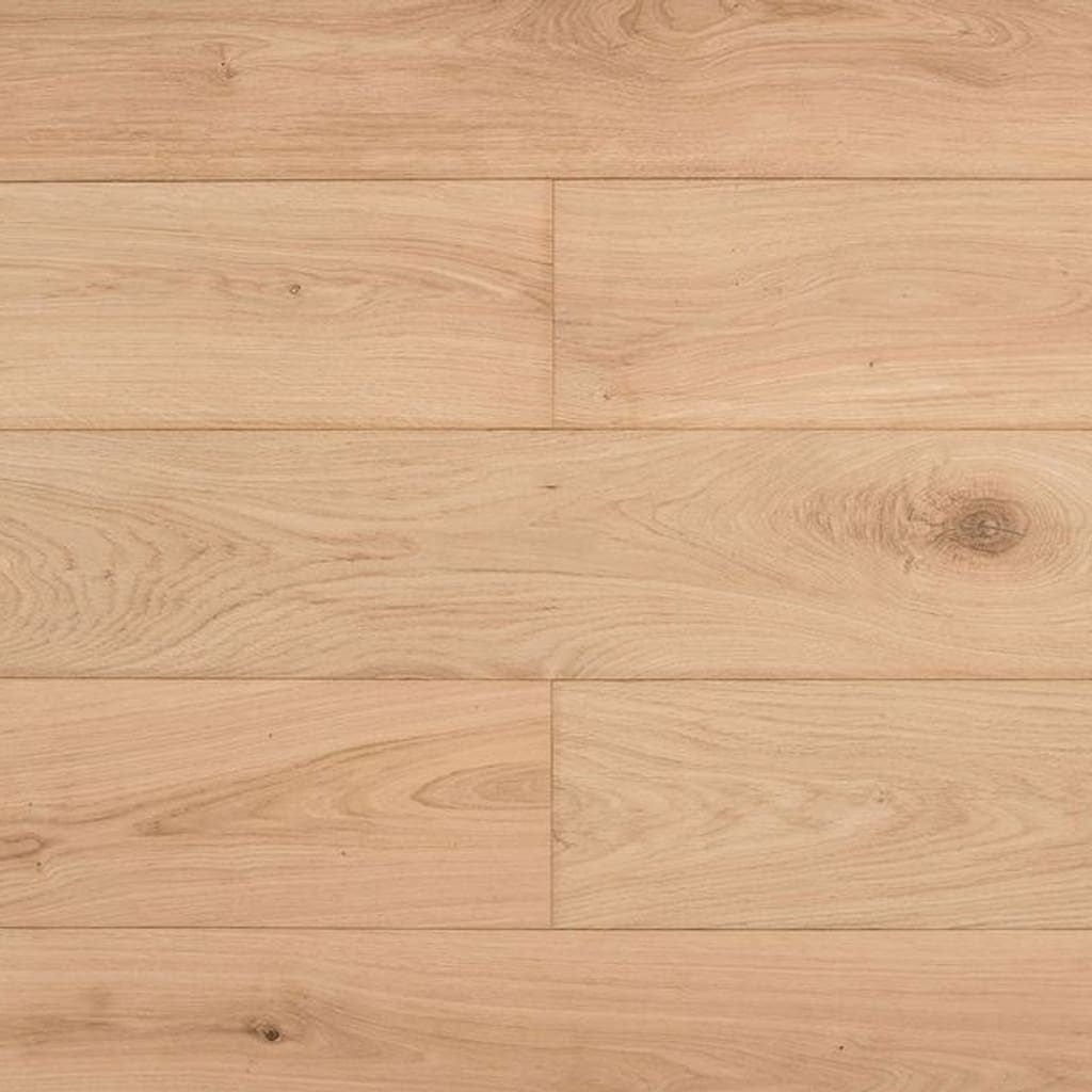Overhead view of smooth unfinished Cholmondeley Oak engineered wood planks showing natural grain and knots.
