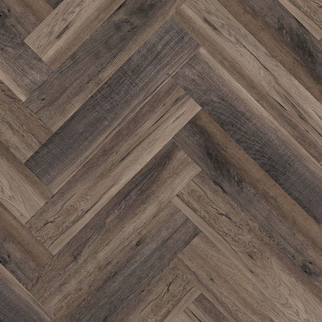 GF SPC Burford Oak Herringbone rigid core flooring in a dark oak wood effect pattern.